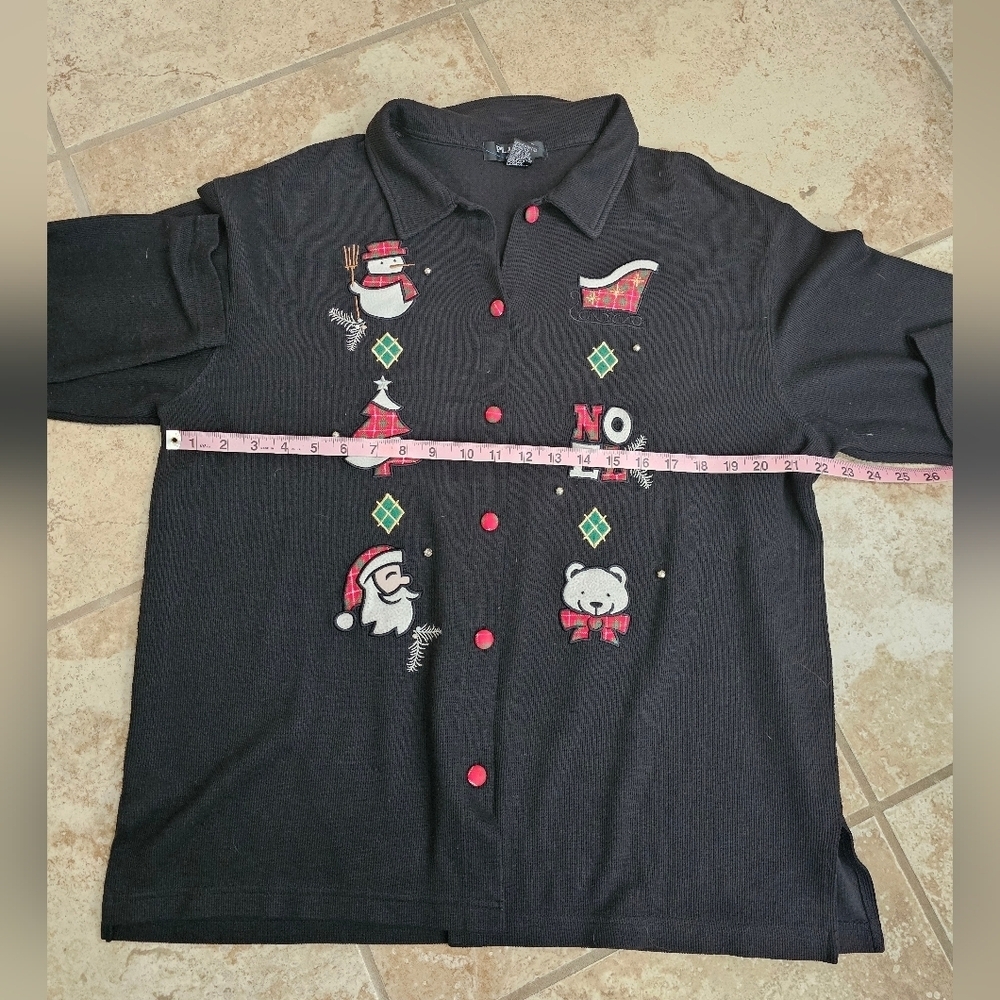 Planet & Company Women XL Black Christmas Cardigan Santa Snowman Plaid Applique - Picture 5 of 6